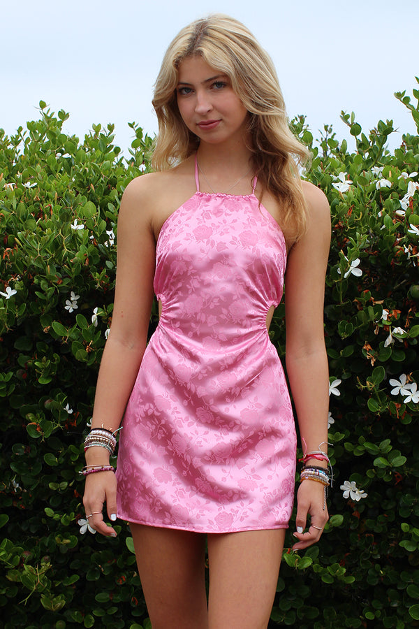 Cut-out Halter Dress - Pink Satin with Roses
